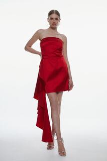 Итальянское мини-платье бандо из структурированного атласа с оборками и драпировкой Karen Millen, красный