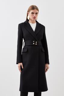 Итальянское пальто миди из смешанной шерсти Manteco с пуговицами и поясом Karen Millen, черный