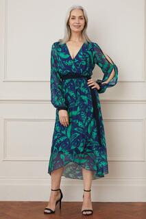 Платье миди из шелкового микса с принтом перьев и разрезом на рукавах с запахом Wallis, зеленый