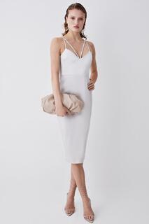 Итальянское структурированное атласное платье-миди-карандаш Karen Millen, белый