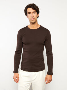 Мужская футболка из чесаного хлопка с круглым вырезом и длинными рукавами LCWAIKIKI Basic, темно коричневый