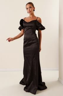 Веревочные ремни, низкие рукава, кружево сзади, длинное атласное платье на подкладке, черное By Saygı, черный