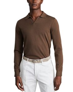 Шерстяной свитер Milburn, трикотажная рубашка поло приталенного кроя с открытым воротником REISS, цвет Brown