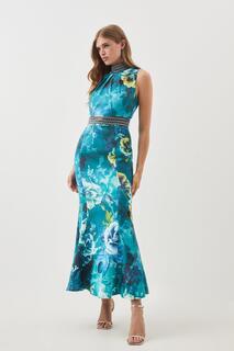 Тканое платье макси Petite с цветочной отделкой и стразами Karen Millen, синий