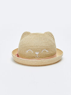 Соломенная пляжная шляпа для девочки с вышивкой в ​​виде кошки LCW Accessories