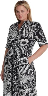 Льняное платье-рубашка больших размеров с цветочным принтом и завязкой спереди LAUREN Ralph Lauren, цвет Black/White