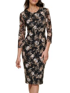 Кружевное платье-футляр миди с цветочным принтом Kensie, цвет Black Multi