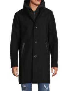 Комбинированное пальто Melton Walker с капюшоном и нагрудником Kenneth Cole, черный
