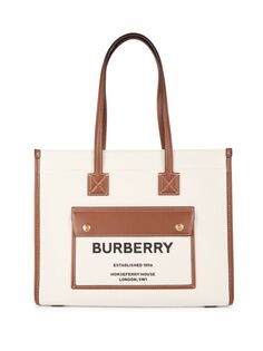 Льняная сумка-тоут с логотипом Freya Burberry, цвет Ivory Camel