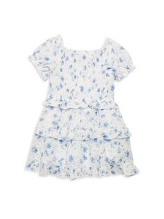 Многоярусное платье с цветочной вышивкой и люверсами для маленькой девочки Baby Sara, синий