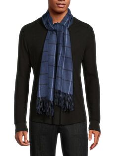 Клетчатый кашемировый шарф с бахромой Saks Fifth Avenue, темно-синий