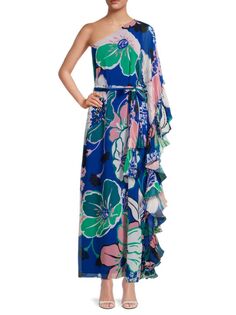 Платье макси на одно плечо с цветочным принтом Whitney Ungaro, цвет Blue Multicolor