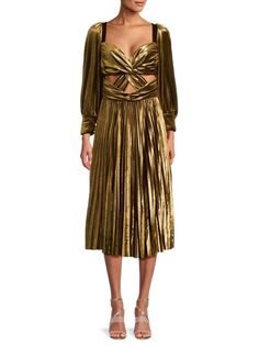 Бархатное платье-миди со складками и эффектом металлик Patbo, золото