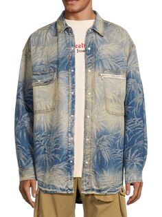 Джинсовая куртка-рубашка с принтом Jungle Leaf Palm Angels, цвет Light Blue