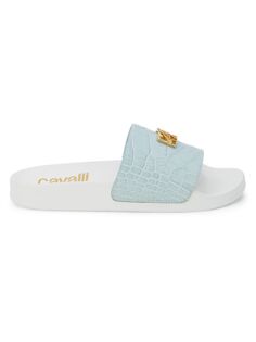 Шлепанцы для бассейна из кожи с тиснением под крокодила Cavalli Class By Roberto Cavalli, цвет Light Blue