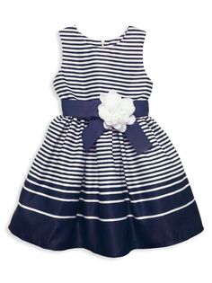 Платье в полоску с поясом и цветочным узором для маленьких девочек и девочек Joe-Ella, темно-синий