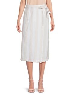 Полосатая льняная юбка миди с запахом Saks Fifth Avenue, цвет Natural White