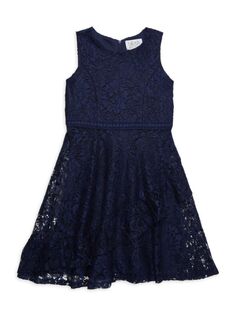 Расклешенное кружевное платье с цветочным принтом для девочек Us Angels, темно-синий