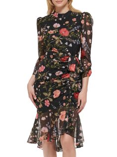 Шифоновое платье с цветочным принтом и высоким низким вырезом Eliza J, черный
