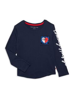 Футболка с карманами и пайетками для девочек Tommy Hilfiger, темно-синий