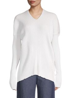 Ребристый шерстяной свитер с V-образным вырезом Bottega Veneta, цвет Off White