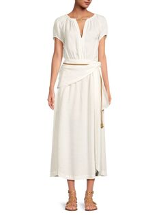 Платье миди из смесового льна Claire с разрезом по горловине Vix, цвет Off White