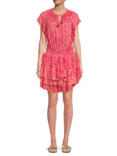 Мини-блузонное платье с цветочным принтом Poupette St Barth, цвет Pink Paisley