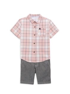Комплект из двух предметов: рубашка в клетку и джинсовые шорты для маленького мальчика Calvin Klein, цвет Pink Multi