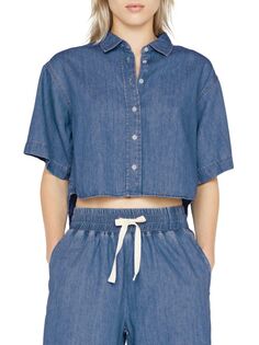 Укороченная джинсовая рубашка из льняной смеси Frame, цвет Encore Blue