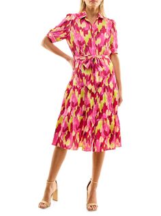 Абстрактное платье-рубашка с поясом Nicole Miller, цвет Pink Glow