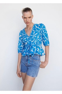 Двубортная блузка с завязками Mango, синий