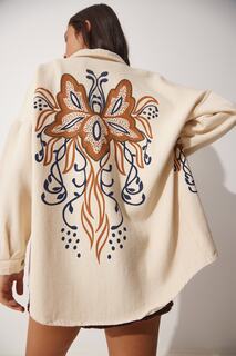 Женская кремовая льняная куртка-рубашка с принтом бабочек Happiness Istanbul, бежевый