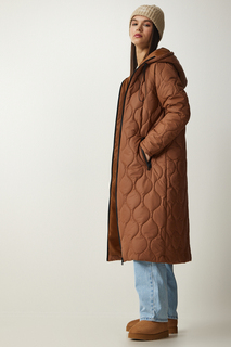 Женское коричневое стеганое пальто с капюшоном и карманами Happiness Istanbul, коричневый