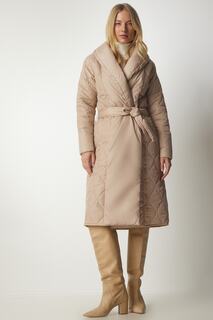 Женское кремовое стеганое пальто с шалевым воротником и поясом dz00089 Happiness Istanbul, бежевый