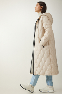 Женское кремовое стеганое пальто с карманами и капюшоном Happiness Istanbul, бежевый