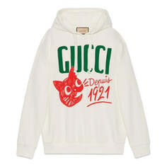 Толстовка (WMNS) Gucci Cotton jersey hooded sweatshirt with Gucci Depuis 1921 cat print &apos;White&apos;, белый