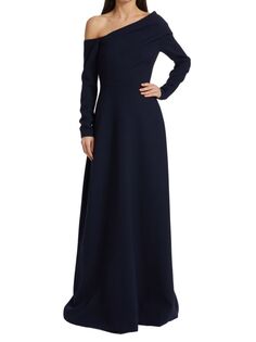 Драпированное платье с открытыми плечами и длинными рукавами Lela Rose, темно-синий
