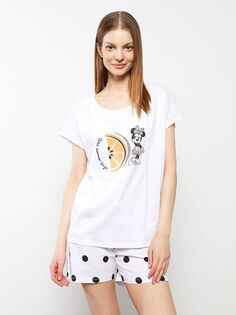 Женский пижамный комплект из хлопка с короткими рукавами и принтом Минни Маус с круглым вырезом LCW Dream
