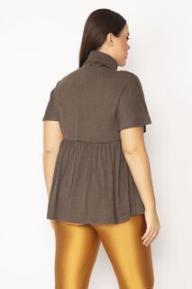 Женская коричневая водолазка большого размера со сборками на талии и низкими рукавами, трикотажная блузка 65n29661 Şans, коричневый