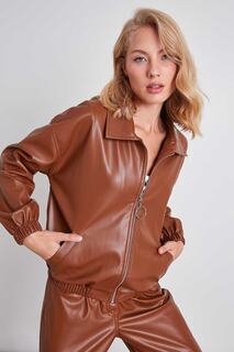 Женская куртка-бомбер из искусственной кожи на молнии Vitrin, коричневый