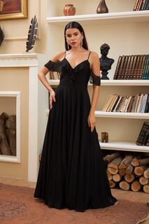Черное длинное вечернее платье из шифона с воланами на груди Carmen, черный