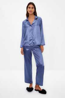 Синий тканый пижамный комплект премиум-класса со звездным узором из атласной рубашки и брюк Trendyol, темно-синий