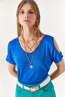 Женская трикотажная блузка из вискозы Saks синего цвета с v-образным вырезом и глубоким вырезом на плечах Olalook, темно-синий