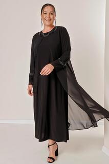 Шифоновое платье песочного цвета с отделкой камнями, комплект из 2 предметов больших размеров By Saygı, черный