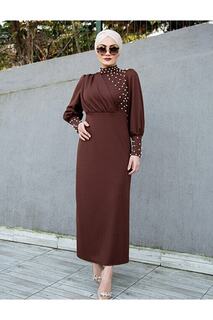Платье для особого случая с жемчужной отделкой VOLT CLOTHİNG, коричневый