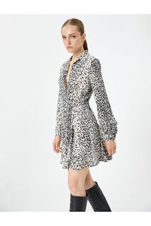 Платье-рубашка Мини с леопардовым узором, расклешенное с поясом Koton, черный