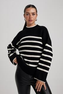 Полосатый свитер с круглым вырезом Relax Fit DeFacto, черный