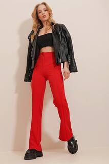 Женские красные широкие брюки из лайкры с завышенной талией спереди ALC-X9979 Trend Alaçatı Stili, красный