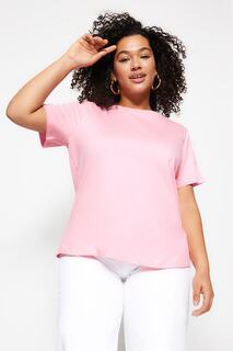 Розовая базовая трикотажная футболка с круглым вырезом Trendyol, розовый
