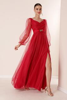 Длинное платье из тюля спереди и сзади с V-образным вырезом на талии и драпированной подкладкой By Saygı, красный